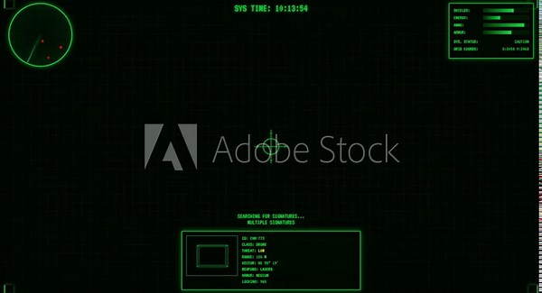 Retro 80s tactical HUD animation. Green CRT screen effect with radar sweep, targeting crosshair, system status, and data readouts. Sci-fi military interface.