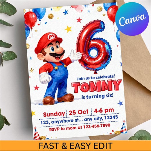 Super Mario 6th Birthday Invitation, Editable Mario Game Party Invite for Kids, Printable Mario Birthday Card, Canva Template, Mario Invite - Etsy
