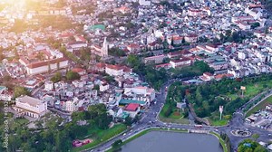 Aerial panorama view of Sunflower Building at Lam Vien Square in Da Lat City. Tourist city in developed Vietnam. Center Square of Da Lat city with Xuan Huong lake