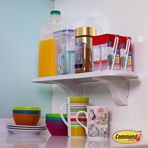 Dad and Mom’s daily coffee , along with your children’s most reached-for snacks and juices – all on the the Command™ Bathroom Shelf in the kitchen for easy access! ‍‍‍ Enhanced with    water resistance strips that improves holding strength by 33% , this shelf is great for the oily & moist kitchen environment! #TakeCommandofYourSpace | Command | Facebook
