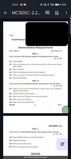 KARNATAKA STATE OPEN UNIVERSITTY MSC COMPUTER SCIENCE SEM-2 RDBMS QUESTION PAPER 2024
