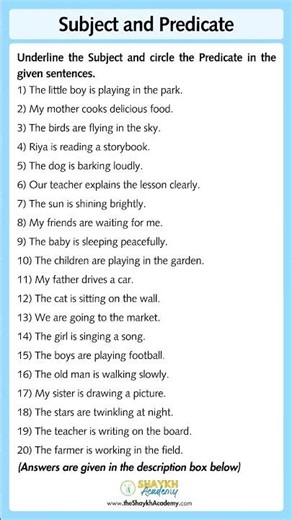 📝 Subject and Predicate (Underline) | Worksheet with Answers 🧑🏻‍🏫 | English Grammar for Class 3