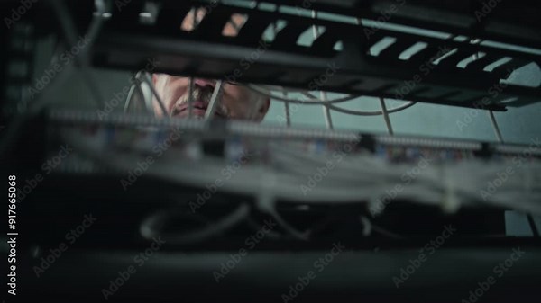 Male system administrator connects cables with server rack working in server room. Maintenance of local area network or web servers. Operation of information systems and networks. Data storage center.