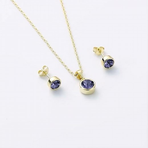 18k Gold Plated February (Amethyst) Birthstone Necklace & Earrings Set
