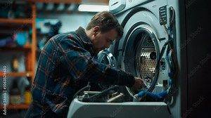 In a well-equipped workshop, a man carefully repairs a washing machine, showcasing his expertise and attention to detail. The process highlights his problem-solving skills and dedication.