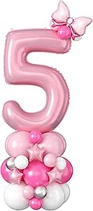 40 Inch Pink Number 5 Balloon for 5th Birthday Decoration Pastel Baby Pink Number Five Foil Balloon Tower Giant Large Digit Hot Pink White Helium Balloons Stack Stand for Girls Anniversary Party