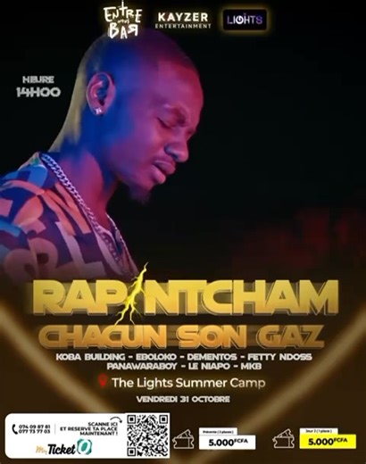 12K views · 372 reactions | #Rap et #Ntcham sur la même scène, ce vendredi 31 octobre à La ZONE Taktik akanda  Prix des places: ️ En prévente: 2 places à 5.000 FCFA ️ Le jour J : 5.000 FCFA Réservations de Bungalow VIP: 077 73 77 03 Scanne le QR code et pour acheter ton ticket https://myticket-o.net/details/89/kobabuilding-leretourduking | Entre Nous Bar | Facebook