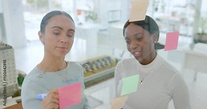 Architecture, sticky note and design team together for planning, ideas and strategy for project management with teamwork and collaboration. Business women writing schedule, calendar or moodboard