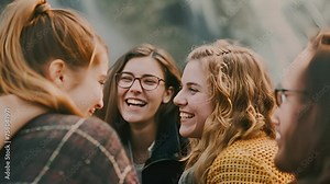 Group of happy carefree young women stand next to each other, creating a strong visual of unity and friendship among them