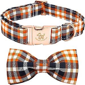 Elegant little tail Fall Dog Collar, Halloween Dog Collar Orange Plaid Pet Collars with Bowtie Puppy Metal Buckle Cotton Girls Boys Adjustable Pet Collars for Large Dogs