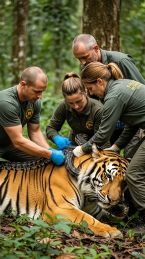 rescue team save tiger from snake wrap #tiger