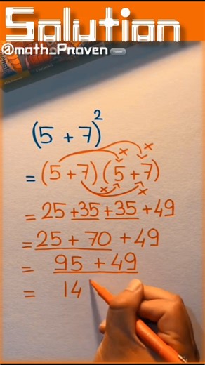 Math_proven on Instagram: "This square trick makes math super easy 🔥🤯 Watch how (5+7)² is solved step by step in seconds. Now pause the video and try solving (4+3)² yourself 👇 Smart learning • Quick math • Global education 🌍 99% people never learned this math shortcut!💬🤯 math trick, math hack, fast calculation, algebra shortcut, square formula, quick math tutorial, viral math video, educational reels, global learning #math #mathtricks #education #viralreels #explorepage"