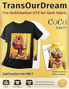 TransOurDream Tru-Sublimation HTV CoCo Sets, Silky Fabric 5 Sheets for Cotton, Light/Dark Fabrics and Sublimation Paper 130g 15 Sheets 8.5x11'',Teflon Paper 1 Sheet, Heat Transfer for Dark T Shirts