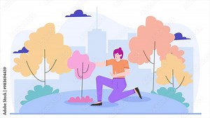 Illustration of a vibrant cartoon character appreciating colorful trees in a city park animated video