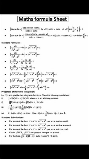 Class 12 Indefinite Integral Formula