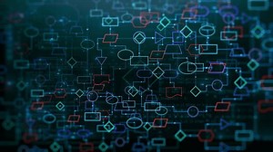 flowchart diagram, algorithm visual representation, workflow infographic, concept for software development, programming code, machine learning, business organization (3d render)