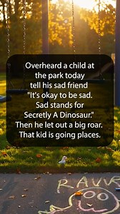 1.7M views · 49K reactions | Overheard a child at the park today tell his sad friend "It's okay to be sad. Sad stands for Secretly A Dinosaur." Then he let out a big roar. That kid is going places. | Happy Soul | Facebook