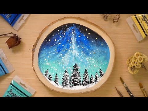 Painting on wood slice / Paint snowy pine trees / Easy creative art
