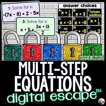 Multi-Step Equations Digital Math Escape Room Variables on Both Sides Activity