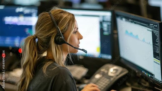 Operator manually managing call routing with headset and multiple phone lines ensuring accurate connection to the right department.