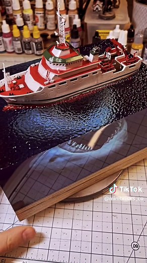 Handcrafted Miniature Diorama Presentation with Shark Boat for Sale
