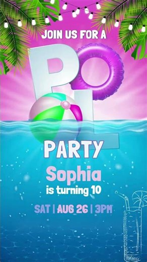 Pool Party Birthday Video Invitation, Girls Tropical Animated Evite, Personalized Summer Party Video