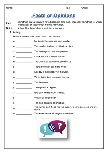 Facts or Opinions worksheet
