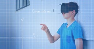 Animation of mathematical equations over schoolchildren using vr headsets. global education, technology and connections concept digitally generated video.