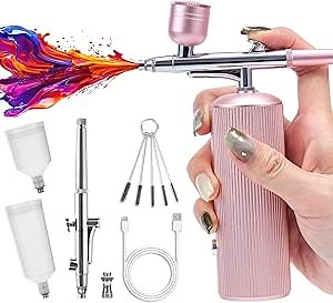 Airbrush Kit with Compressor - 42PSI High-Pressure Non-Clogging Dual Tip Cordless Airbrush Set with 0.3mm and 0.5mm Tips and Cleaning Brush for Nail Art, Makeup, Painting, and Cake Decorating(Pink)