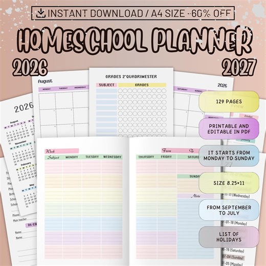 Homeschool Planner 2026-2027, Student Lessons, Homework Tracker (PDF Template) - Etsy