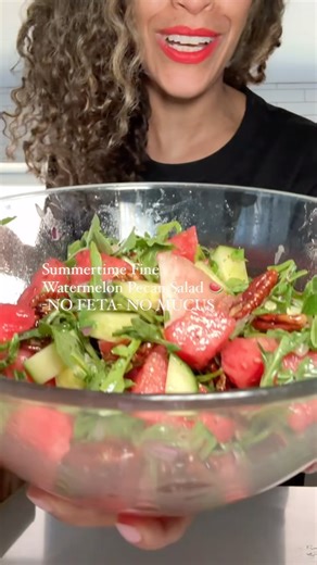 Jen Jones | Plant-Based Queen on Instagram: "Summertime Fine Watermelon Salad👇🏽 Glowing skin by @nevell_skin coffee oil! The only moisturizer I use! Grab your bottle at nevellskin.com link in bio @dontforgetthecinnamon_ shirts on sale now at nevellskin.com link in bio! Welcome back to Summertime Fine! Here is how to make the most delicious watermelon, arugula and pecan salad! You don’t need feta cheese to make a great watermelon salad! Okayyyy!!!! Spiced pecans: 1/2 cup raw pecans 1 tbsp cocon