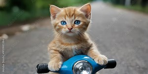 cute blue-eyed kitten riding a motorcycle in video