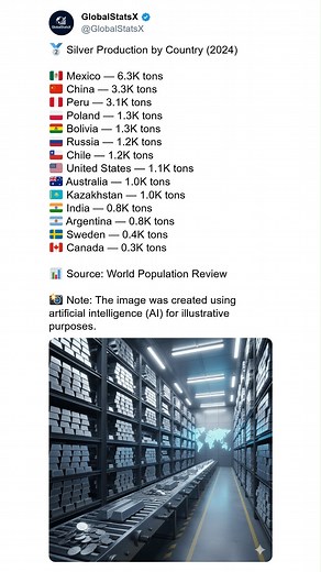 🥈 Silver Production by Country (2024) 🌍 Silver is one of the world’s most essential metals — powering everything from electronics and renewable energy to medical technology and global industries. Behind every ounce of silver are massive mining operations, strategic geology, and countries whose resources fuel the modern world. ⛏️ Mexico leads global production by a wide margin, supplying more than 6,000 tons of silver in a single year. With rich mineral deposits and a long mining tradition, Mex