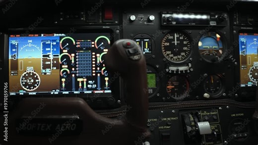 cockpit of a small aircraft, focused on the instrument panel and flight controls. Key details: In the center is a digital flight display (glass cockpit screen) showing critical flight data such as at