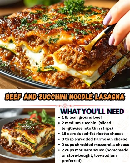 Beef and Zucchini Noodle Lasagna A lighter twist on traditional lasagna, this recipe swaps pasta noodles for thin ribbons of zucchini while keeping all the cheesy, meaty comfort you crave. It’s hearty, lower-carb, and full of classic Italian flavor. What You'll Need 1 lb lean ground beef 2 medium zucchini (sliced lengthwise into thin strips) .......................... Full Recipe in Coʍmеոτ 💬 | Fascinating Recipes