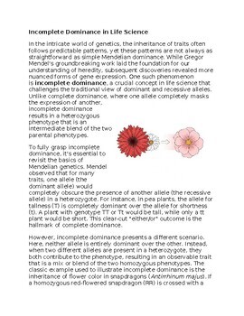 Incomplete Dominance Worksheet for Sub-Plan or Classwork & Homework