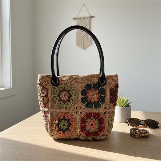 Handmade Pattern Desing Crochet Granny Square Tote Bag, Faux Leather Handles - Etsy