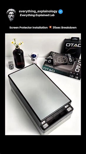 Everything Explained Lab on Instagram: "The post features a 35 second clip capturing an automatic screen protector application process where a precision alignment machine positions and installs a tempered glass protector onto a smartphone display ensuring bubble free adhesion accurate placement and consistent pressure for a clean professional finish shared by the TikTok account @otao_official and viewed over 3.2 million times."