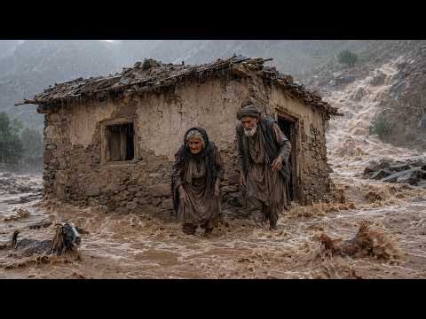 Heavy Rain and Flood in Rural Afghanistan ⛈️ | 100-Year-Old Couple Try to Survive at Home 😱🔥