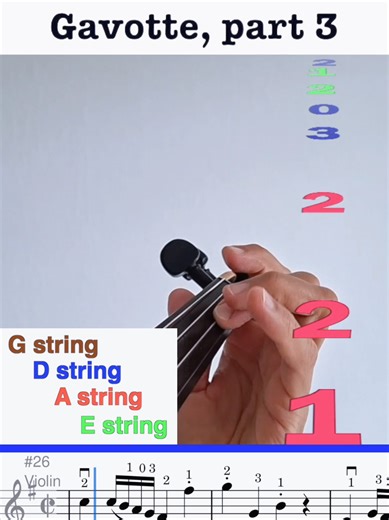 Gavotte, part 3 🎻 Violin Tutorial With Sheet Music & Color Coded Strings 🎶 Are you familiar with the fun system of the Color Coded Strings? ⬇️ We have a different color for each string: 💚 for E ❤️ for A 💙 for D 🤎 for G The numbers are for open strings & the fingers of your left hand: 0️⃣ 🟰 open string 1️⃣ 🟰 index finger 2️⃣ 🟰 middle finger 3️⃣ 🟰 ring finger 4️⃣ 🟰 pinky Examples: 💚 ➕️ 2️⃣ 🟰 middle finger on the E string ❤️ ➕️ 3️⃣ 🟰 ring finger on the A string What is 💙 ➕️ 4️⃣ ❓️ Let