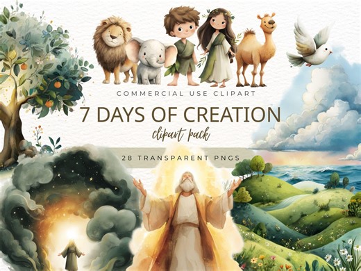 7 Days of Creation Clipart, Watercolor Biblical Scene PNG, Adam & Eve Kids Bible Study, Religious Clipart - Etsy