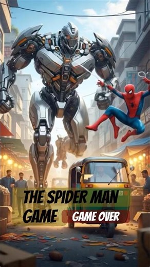 Giant robot fighting with spider man