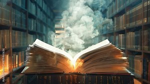 Education learning concept, Book in library with old open textbook, Stack piles of literature text archive on reading desk, Aisle of bookshelves in school study class room background for academic