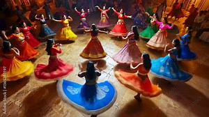 A vibrant group of women dressed in colorful traditional attire performs a mesmerizing folk dance in a circular formation. Their flowing skirts and synchronized movements create a dynamic display