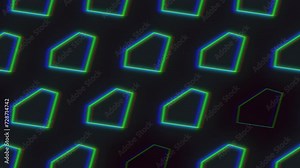 A monochrome checkerboard pattern with blue and green lines composed of squares and rectangles creates a visually intriguing image