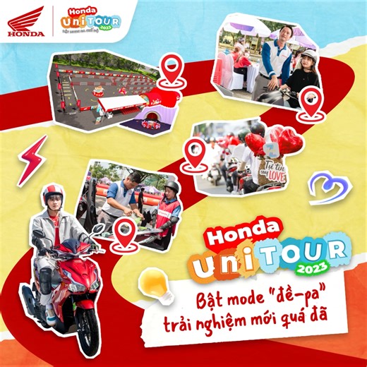 Honda UNI TOUR 2023: BẬT MODE “ĐỀ - PA", TRẢI NGHIỆM MỚI QUÁ ĐÃ! Nếu ông trời đã tạo ra địa chấn, thì Honda UNI TOUR 2023 chính là điểm nhấn 💥 Nếu bạn là một tín đồ cuồng những trải nghiệm “độc và chất", thì Honda UNI TOUR 2023 sẽ “matching" với bạn nhất 💖 Tại tọa độ check-in siêu hot này, UNI GEN Z sẽ phiêu lưu trải nghiệm cùng người bạn quốc dân xe máy Honda trong các hoạt động mới lạ của Honda UNI TOUR 2023: 🛵 Khám phá khu vực lái thử xe multi-mode hoàn toàn mới kết hợp giữa Xe máy Honda, 