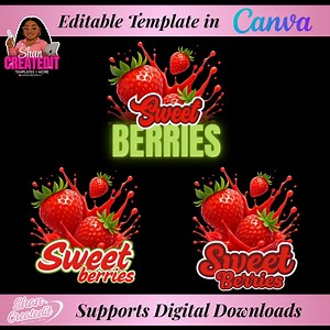 Strawberry Business Logo: Editable Canva Template for Dessert Brands - Etsy