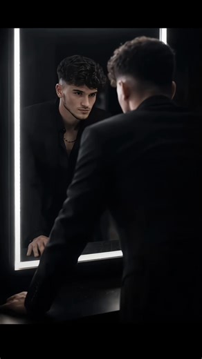 Hypic ilə öz selfini peşəkar güzgü qarşısında sinematik portretə çevir (Güzgü qarşısında cinematic portrait AI filter tutorial) ✨📸🎬 realistic cinematic mirror portrait, vertical. Confident man in a black tailored outfit, slightly unbuttoned black shirt with thin chain, standing before a modern LED-lit mirror. Shot from behind with clear reflection, leaning forward in a powerful, introspective pose. Soft cinematic LED lighting, deep shadows, high contrast, minimal dark background. Photorealisti