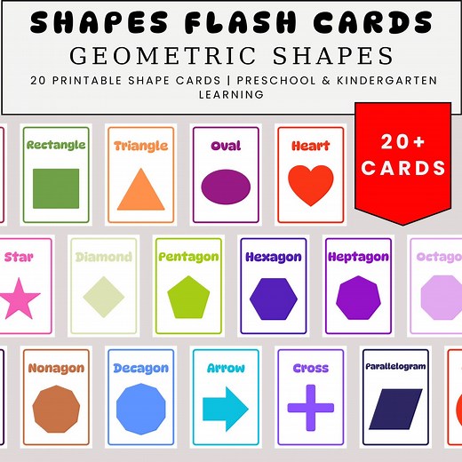 Geometric Shapes Flash Cards for Kids | 20 Printable Shape Cards | Preschool & Kindergarten Learning - Etsy