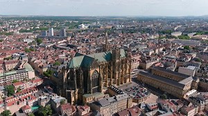 Metz, France: Aerial view of gothic Cathedral of Saint Stephen (Cathédrale Saint Étienne de Metz) in historic city center - landscape panorama of Europe from above